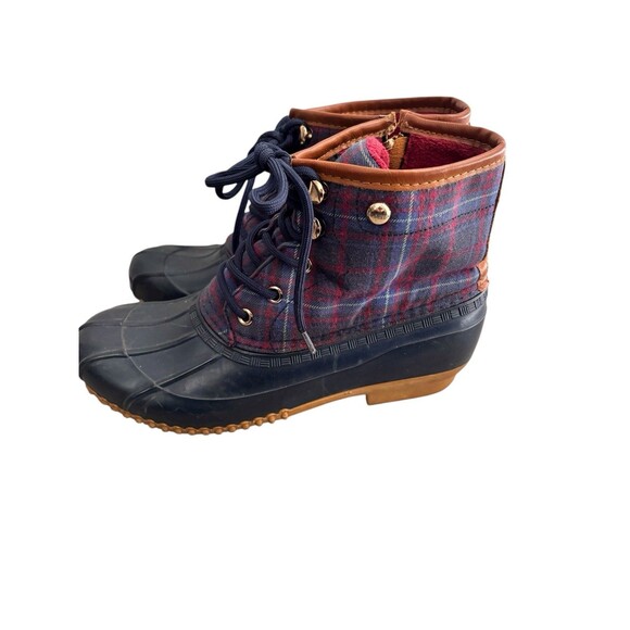 Tommy Hilfiger Tartan Plaid Navy Waterproof Preppy Duck Boots Zip Side Sz 8 - Picture 1 of 9